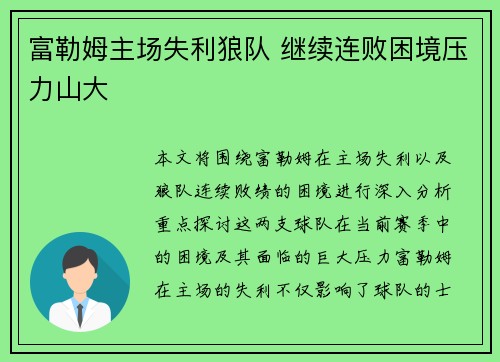 富勒姆主场失利狼队 继续连败困境压力山大