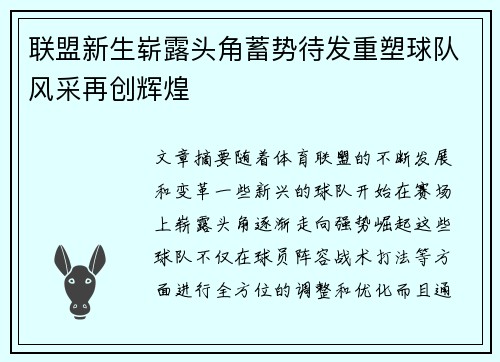 联盟新生崭露头角蓄势待发重塑球队风采再创辉煌