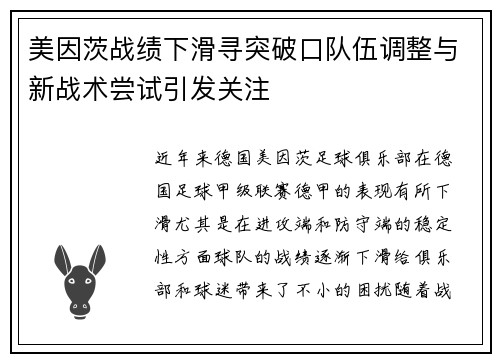 美因茨战绩下滑寻突破口队伍调整与新战术尝试引发关注