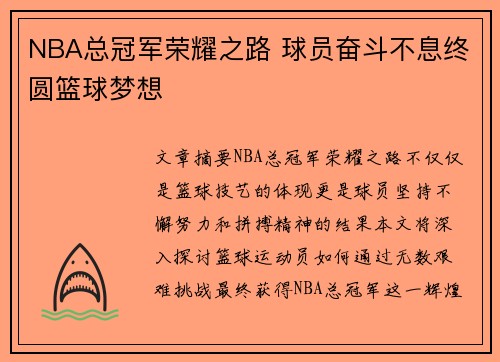 NBA总冠军荣耀之路 球员奋斗不息终圆篮球梦想