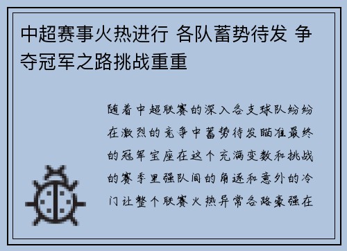 中超赛事火热进行 各队蓄势待发 争夺冠军之路挑战重重