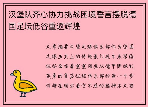 汉堡队齐心协力挑战困境誓言摆脱德国足坛低谷重返辉煌