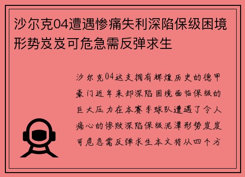 沙尔克04遭遇惨痛失利深陷保级困境形势岌岌可危急需反弹求生