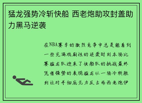 猛龙强势冷斩快船 西老炮助攻封盖助力黑马逆袭