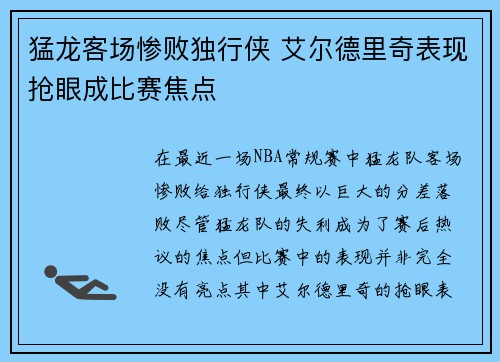 猛龙客场惨败独行侠 艾尔德里奇表现抢眼成比赛焦点