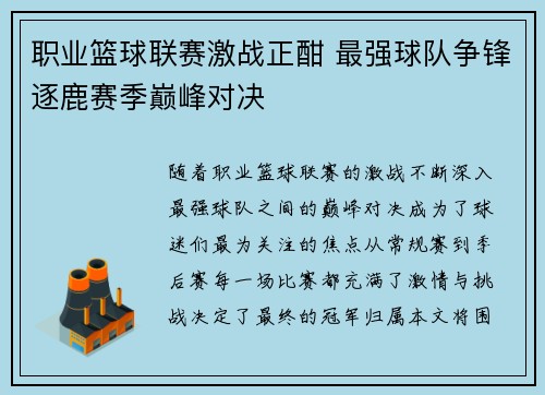 职业篮球联赛激战正酣 最强球队争锋逐鹿赛季巅峰对决