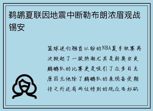 鹈鹕夏联因地震中断勒布朗浓眉观战锡安