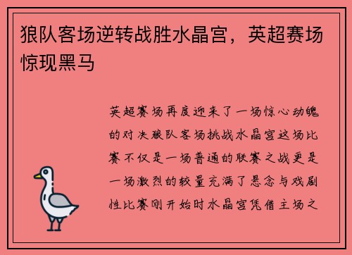 狼队客场逆转战胜水晶宫，英超赛场惊现黑马