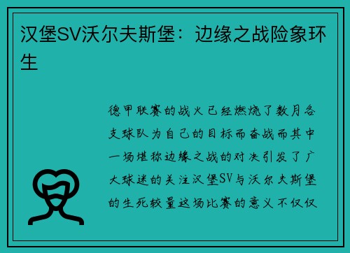 汉堡SV沃尔夫斯堡：边缘之战险象环生