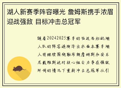 湖人新赛季阵容曝光 詹姆斯携手浓眉迎战强敌 目标冲击总冠军