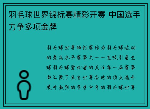 羽毛球世界锦标赛精彩开赛 中国选手力争多项金牌