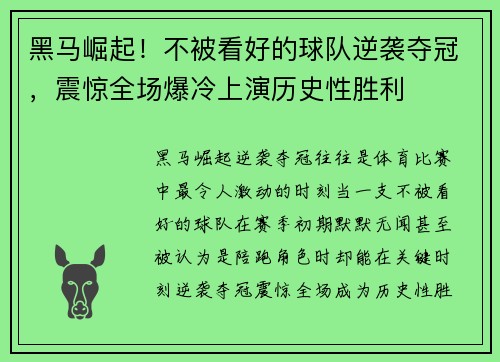 黑马崛起！不被看好的球队逆袭夺冠，震惊全场爆冷上演历史性胜利